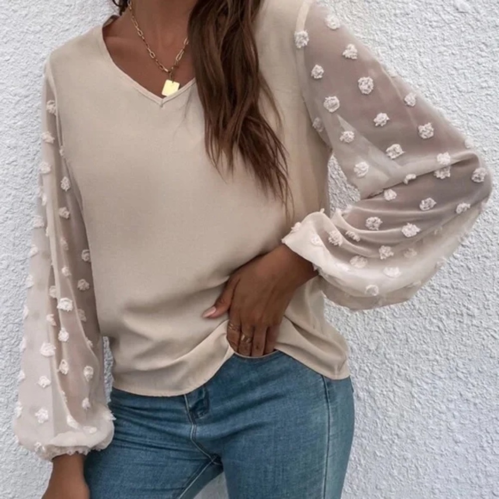 Boho Swiss Polka Dot Sheer Sleeve Oversized Top Minimalist - Picture 5 of 12